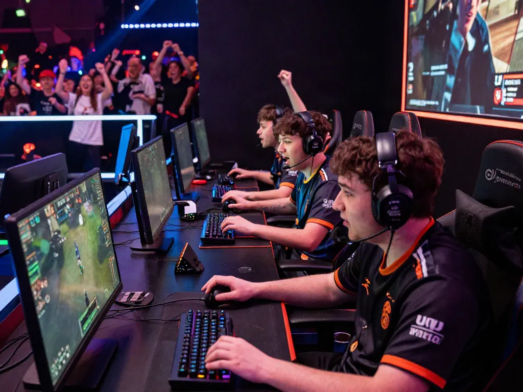 Players engaging in juraganbola esports tournament atmosphere with vibrant lighting.
