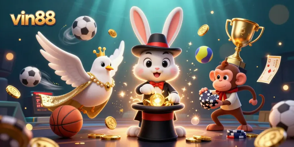 Experience the thrill of vin88 with a magician rabbit, dove, and monkey amidst vibrant casino action.