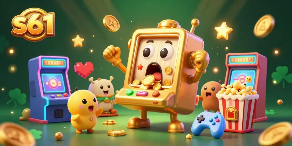 s61 slot machine celebrates a jackpot with golden coins and cheering companions in a vibrant casino scene