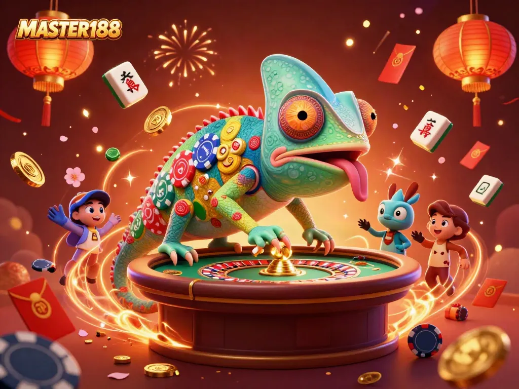 Experience vibrant gaming at MASTER188 with an innovative chameleon casino owner amidst festive elements.