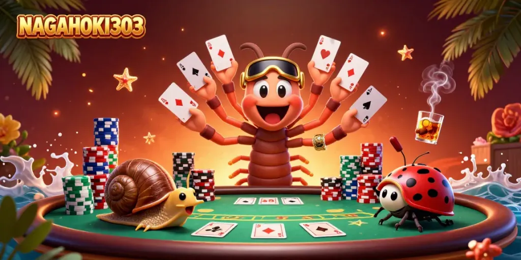 Menyusun tangan poker yang menakjubkan di NAGAHOKI303 dengan dealer karakter unik dan tumpukan chip besar yang menggiurkan.