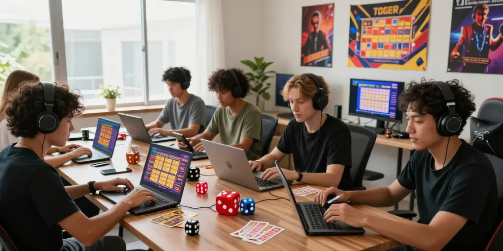 Excited players enjoying sgp slot togel online in a vibrant home office.