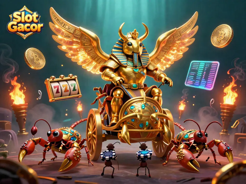 Engage with Slot Gacor through a vibrant 3D illustration featuring a golden beetle and dynamic slot symbols.