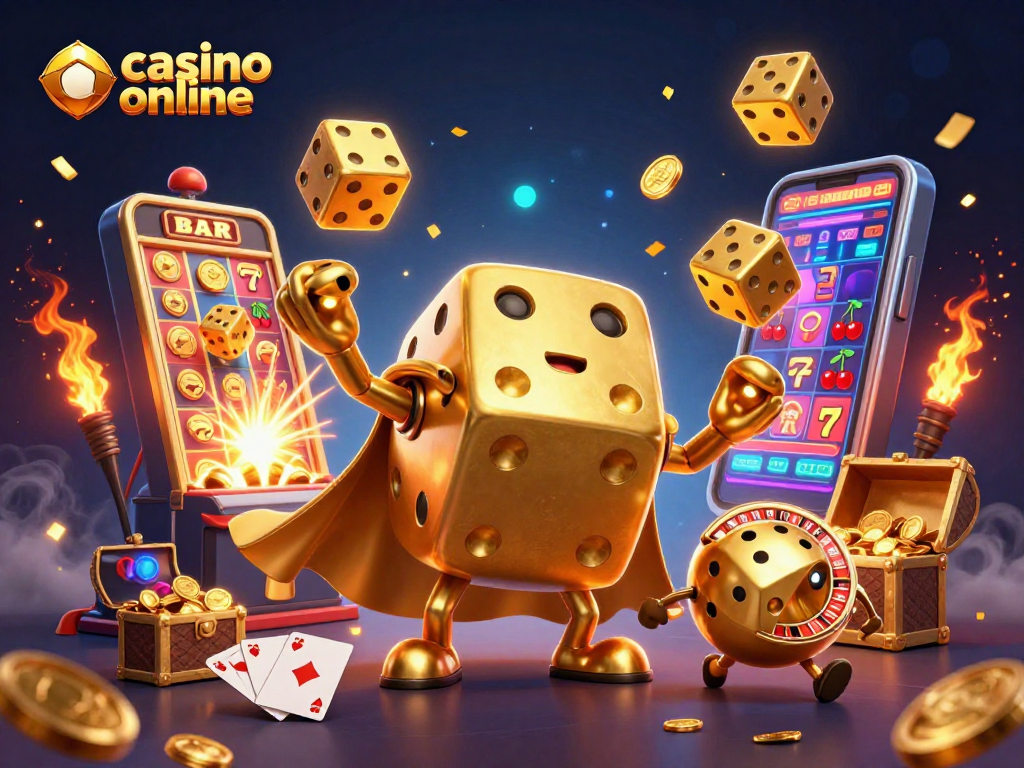 Engage with the vibrant world of casino online gaming illustrated with golden dice, slot machines, and dynamic game elements.