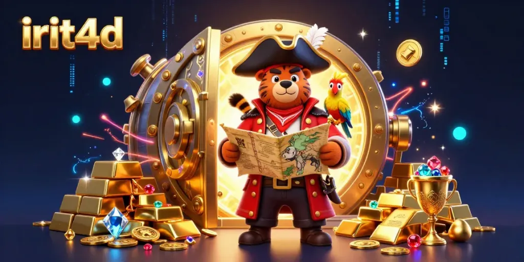 Experience the thrilling IRIT4D gambling scene with a cartoon bear pirate, tiger first mate, and treasure.