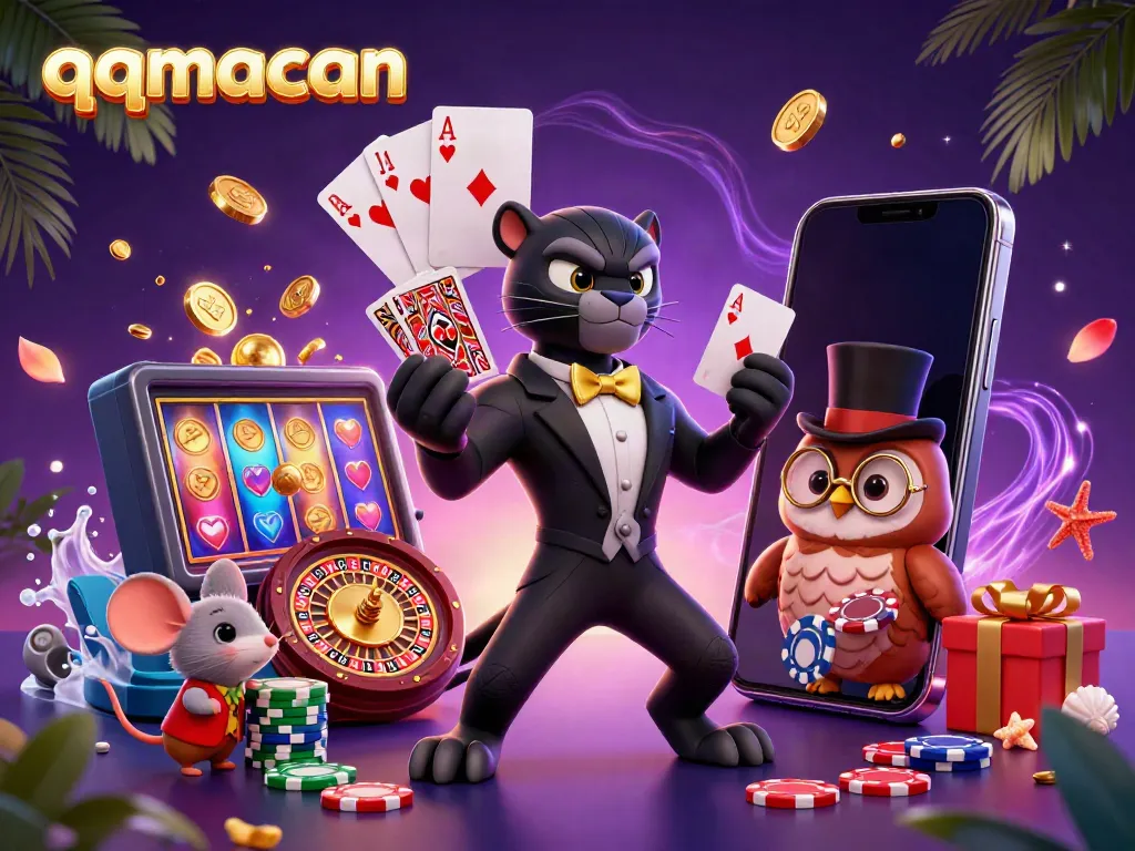 Engage with qqmacan card games in a colorful casino-themed scene featuring dynamic characters.