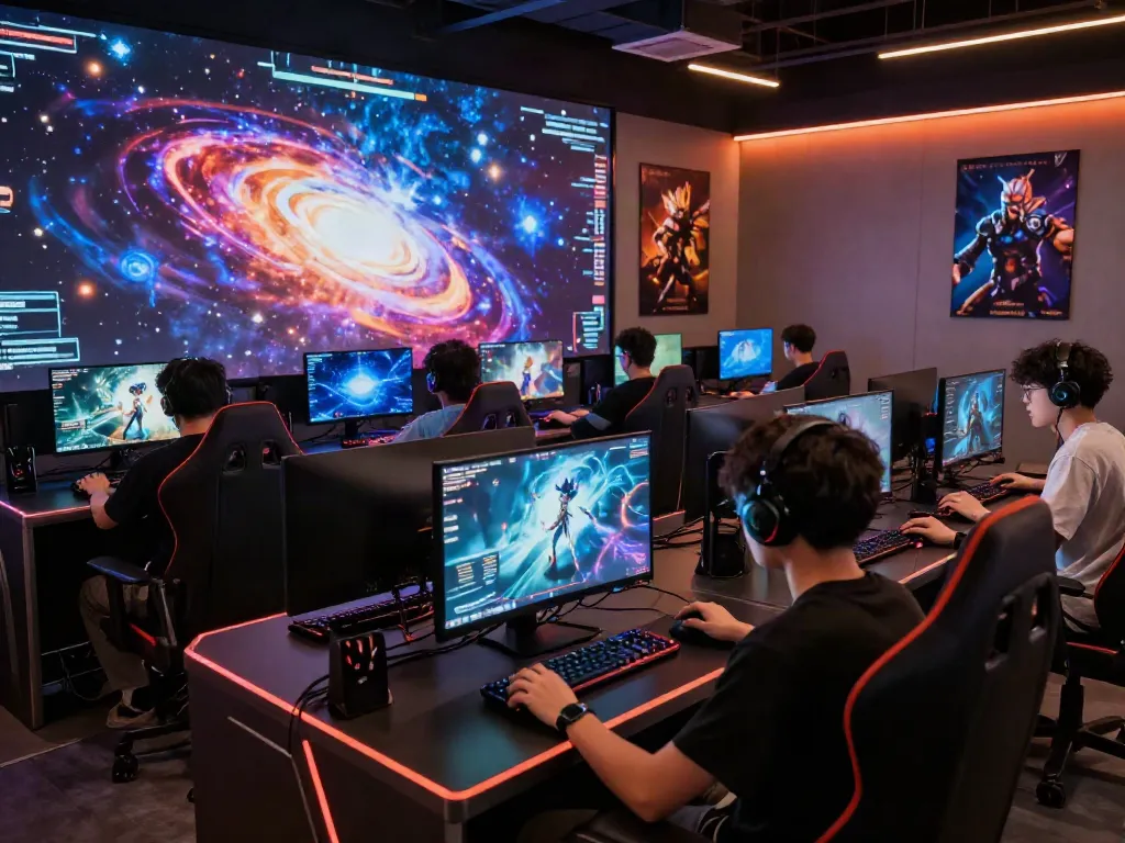 Exciting luxury111 gaming scene with diverse players engaged in cosmic-themed online competition.