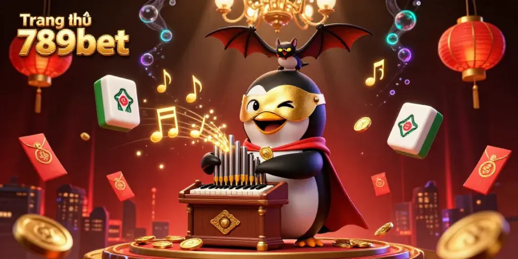 Experience the vibrant energy of Trang chủ 789bet as a 3D cartoon penguin plays golden coins from an organ within an elaborate casino scene.