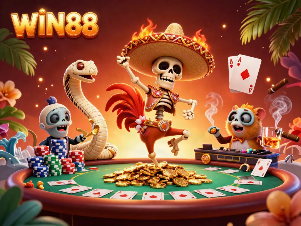 WIN88 showcases a lively casino scene with animated characters celebrating a big win surrounded by poker elements.