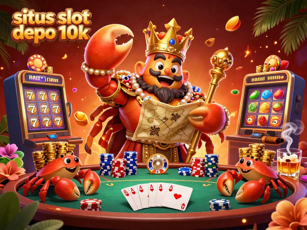 Situs slot depo 10k immersive illustration featuring a golden crab emperor in a dynamic casino setting.