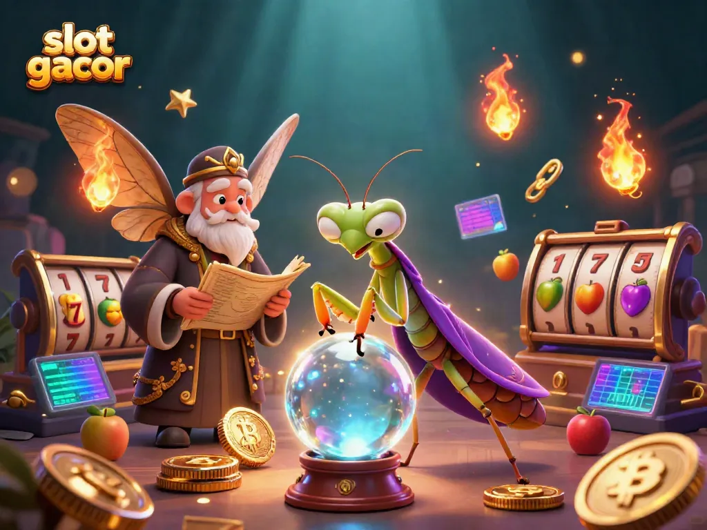 Experience slot gacor with a mystical fortune teller and vibrant casino elements swirling around.