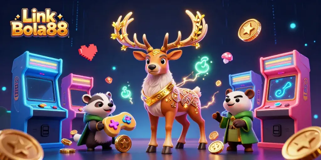 Engage with premium games at Link Bola88, featuring immersive 3D illustrations of dynamic casino elements.