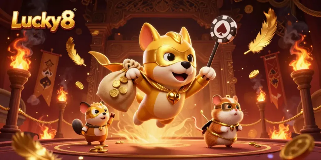 Play Lucky8 with thrilling symbols and vibrant 3D characters in an exciting casino scene.