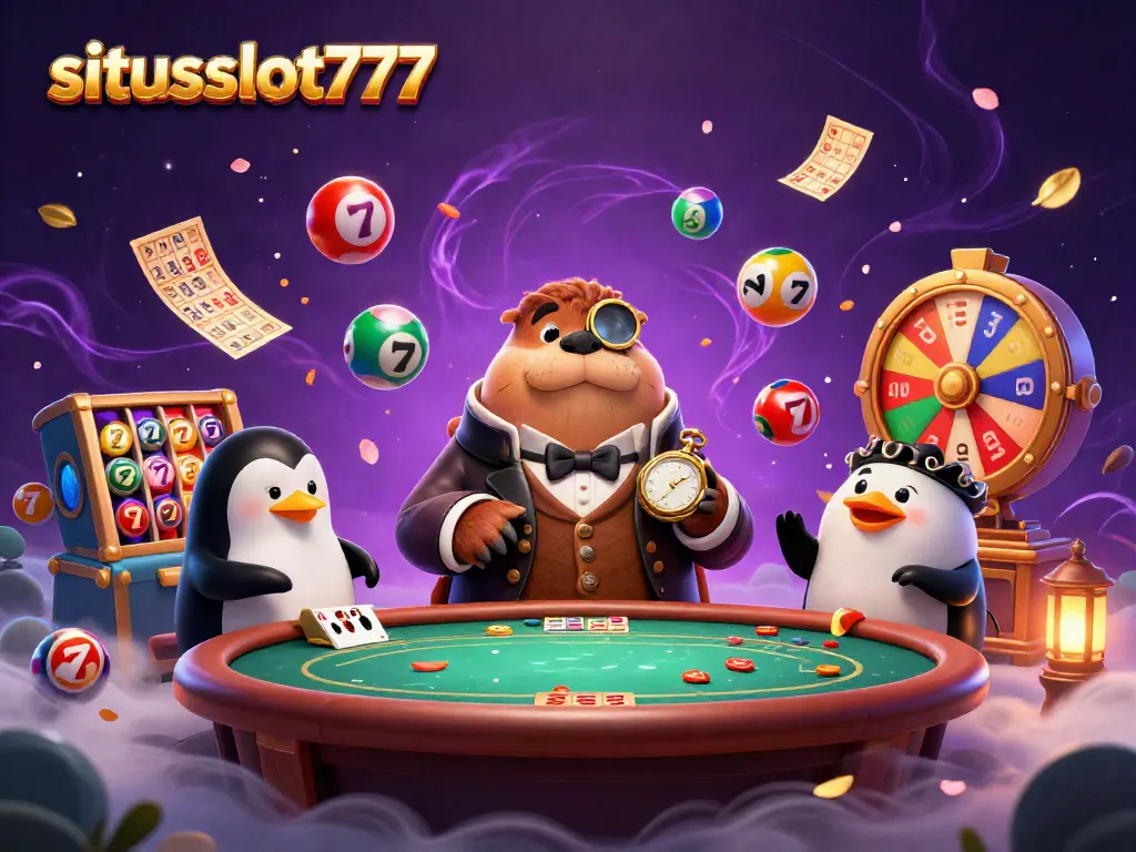 Engage in thrilling games at situsslot777 with underwater poker players amidst vibrant lottery elements.