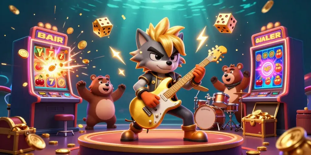 Experience the thrill of GK88's dynamic online gaming with rockstar characters enhancing the casino atmosphere.