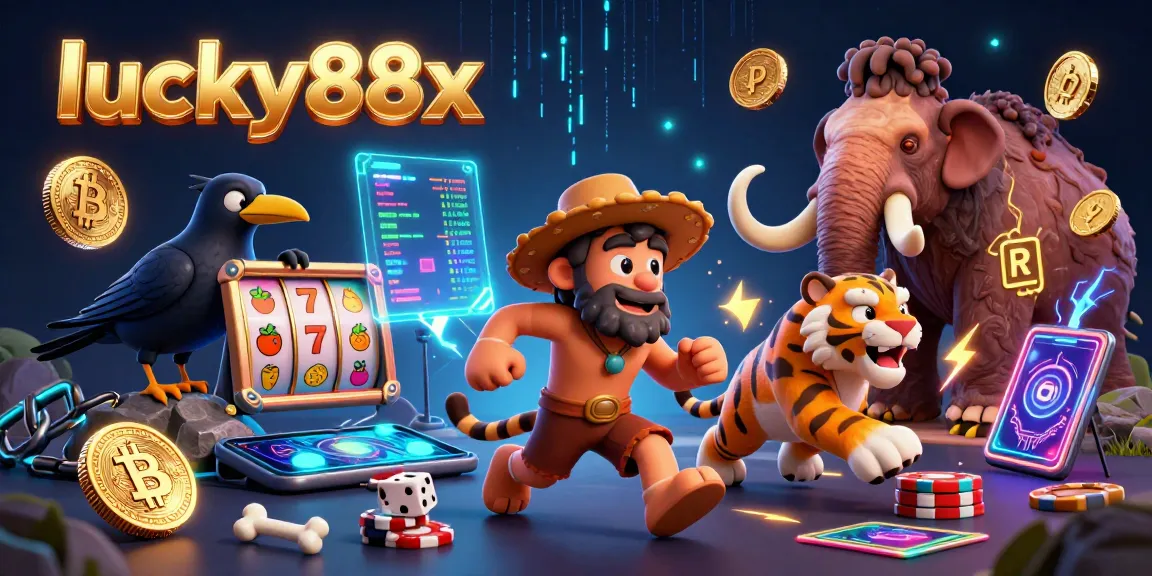 Engage with lucky88x at the prehistoric casino, featuring vibrant visual elements like Bitcoin coins and classic slot symbols.