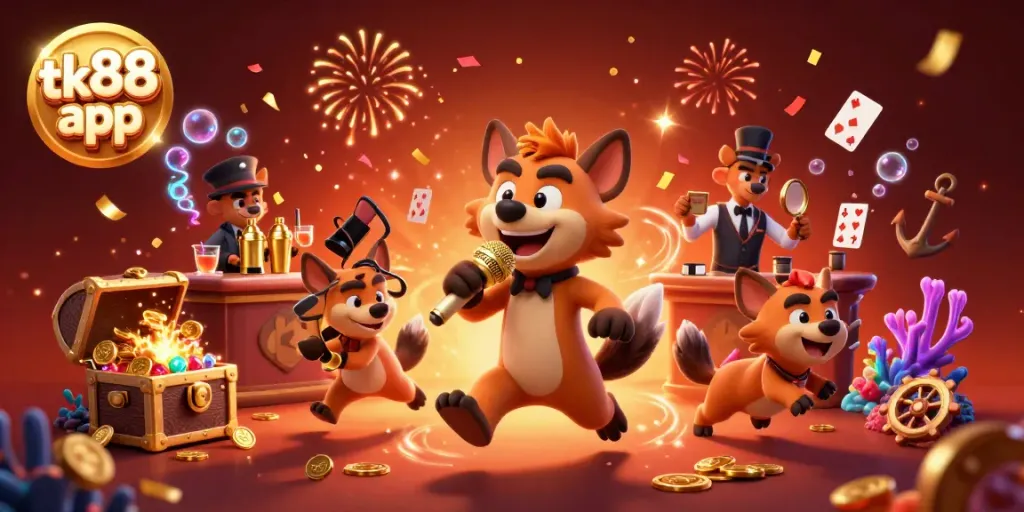 Join the fun with the tk88 app at a dynamic casino scene filled with hyena comedians, colorful gems, and floating playing cards.