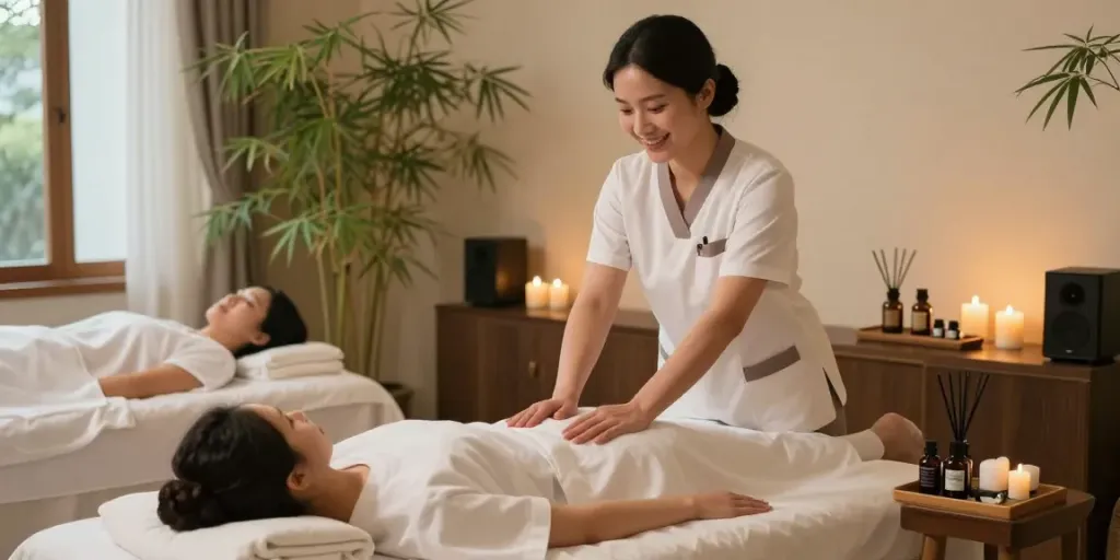 Relaxing 동탄출장마사지 scene with a therapist in a tranquil spa.