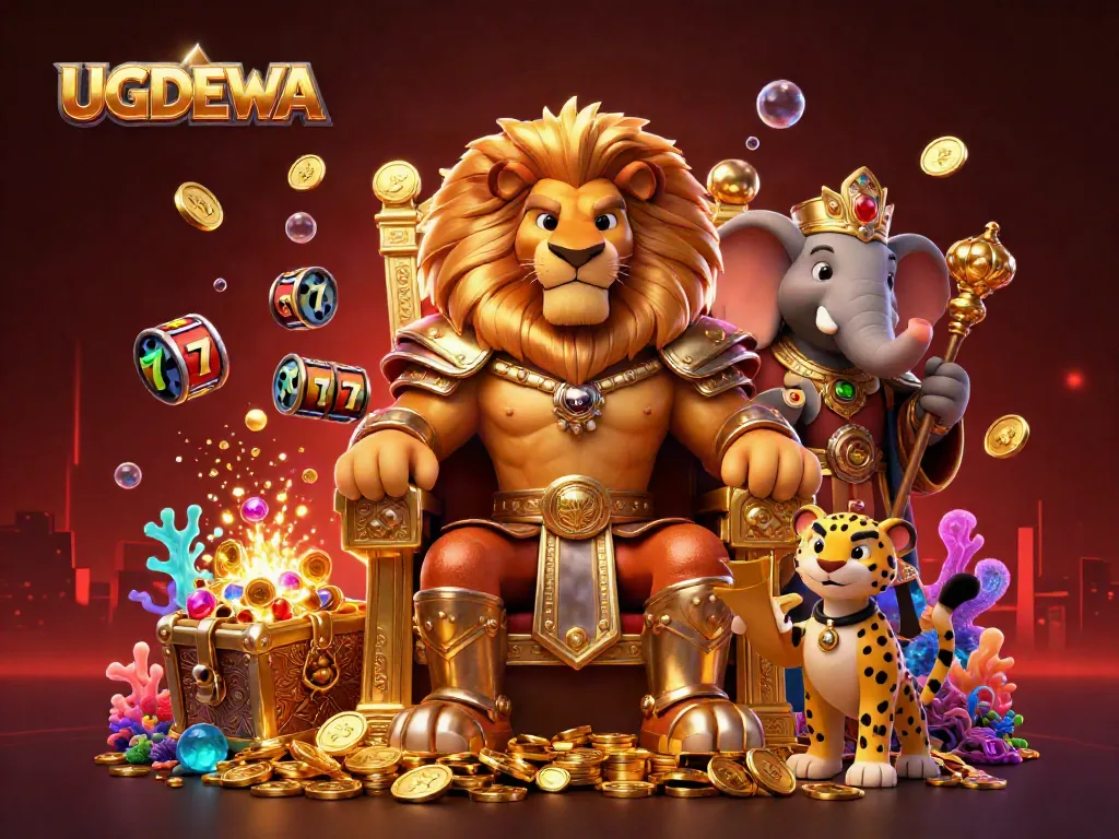 Engage in exciting gameplay at UGDEWA with dynamic casino elements like slot reels and a fierce lion king.