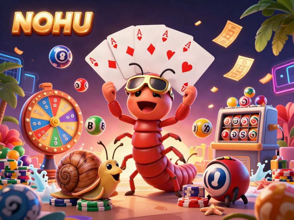 Experience thrilling jackpot moments at NOHU with an exciting cartoon dealer scene, colorful lottery balls, and dynamic gaming elements.