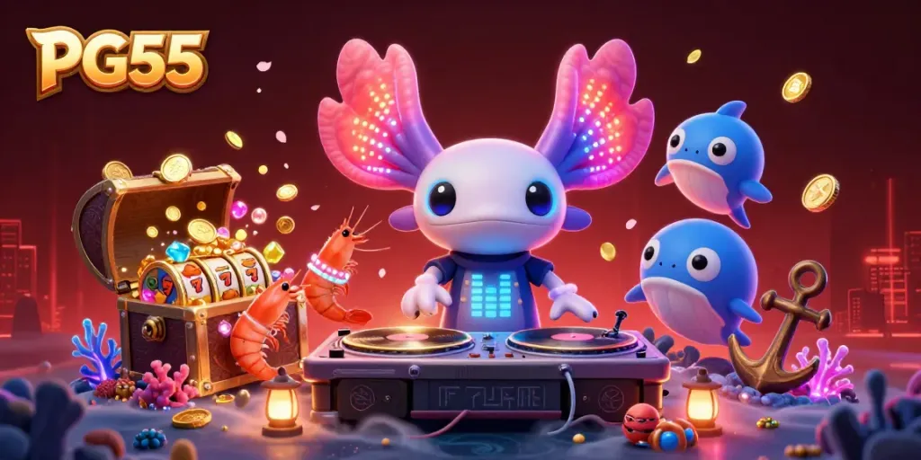 The PG55-themed underwater casino scene features a vibrant axolotl DJ with dancing shrimp and a blowfish hype-man, creating an energetic atmosphere.