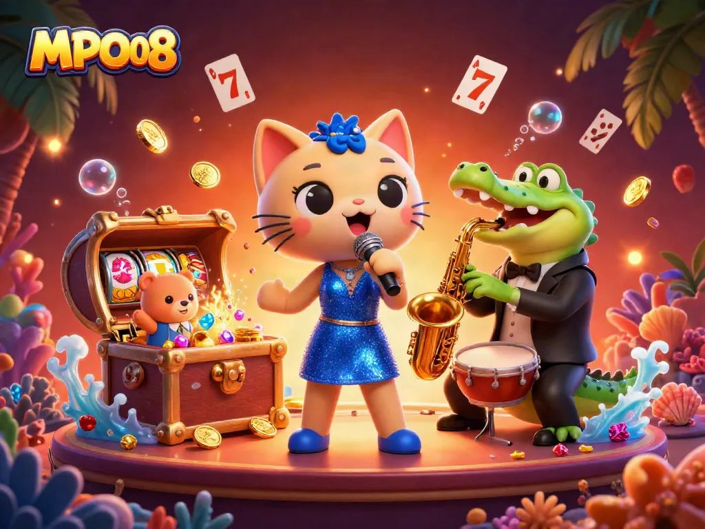 MPO08 casino scene showcasing a jazz-singer cat and colorful symbols for a vibrant gambling experience