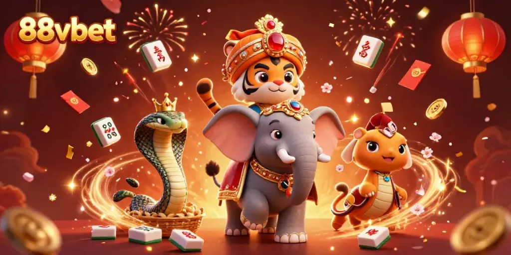 Experience vibrant 88vbet excitement with a lively 3D casino scene featuring a royal tiger and festive elements.