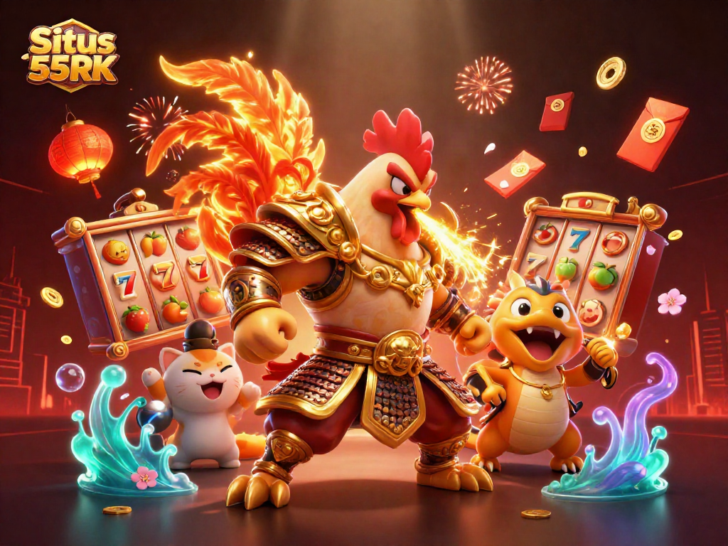 Experience the thrill of Situs 55RK with a vibrant 3D scene showcasing festive slots and animated characters.