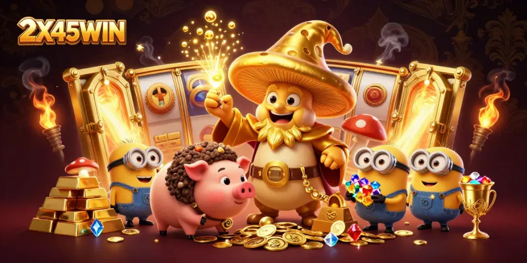 Menangkan slot dengan 2X45WIN dalam ilustrasi kasino magis yang kaya akan detail.