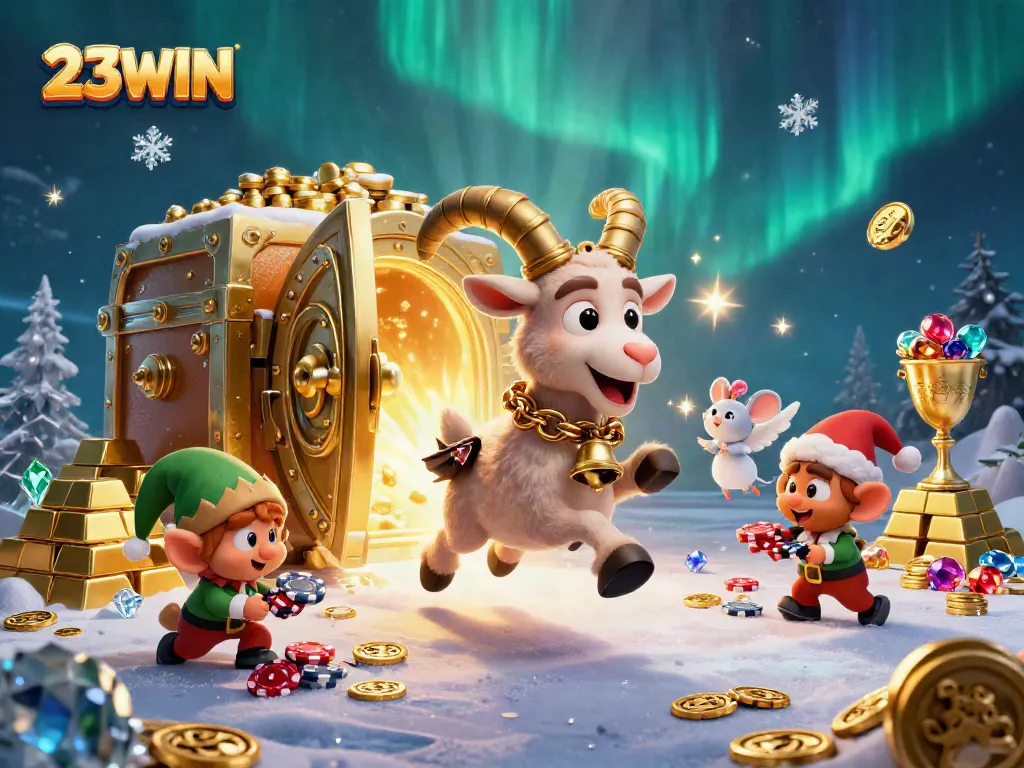 23WIN features a lively casino scene with Krampus, angel mouse, and gremlins amidst golden treasures and sparkling gems.