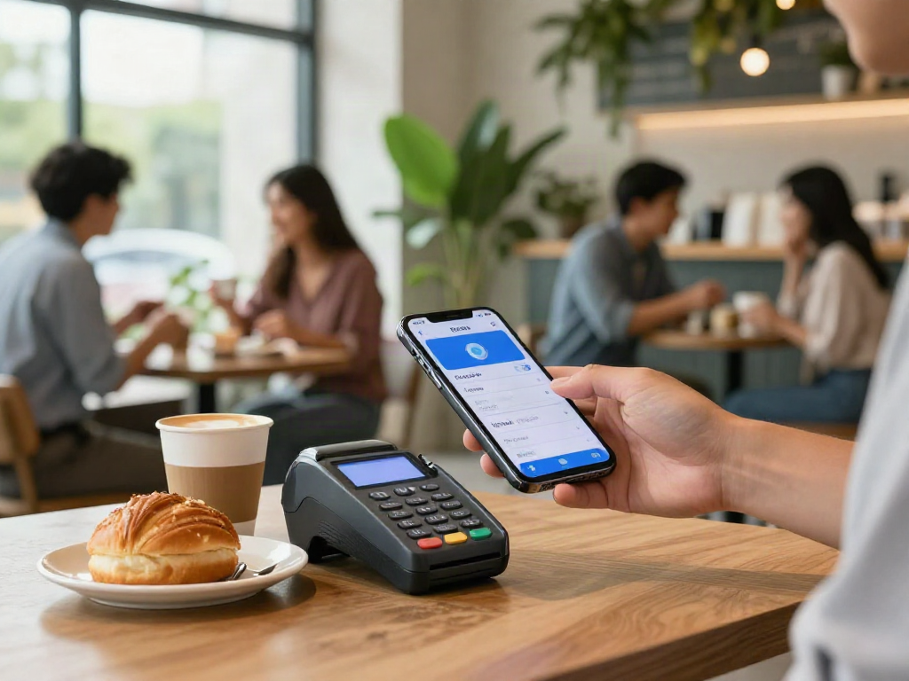 Customer making a payment with slot qris at a modern cafe, showcasing digital convenience.