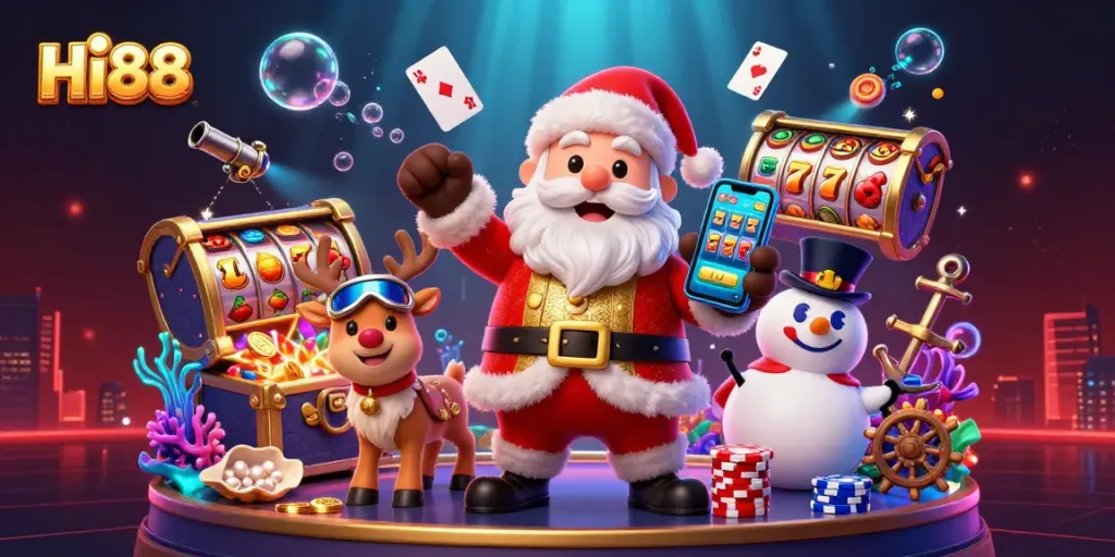 Experience thrilling jackpots with Hi88 in a vibrant casino scene featuring Santa and friends.