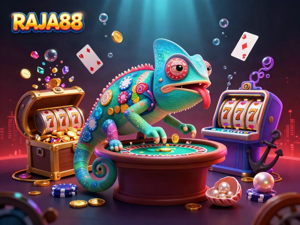 RAJA88 menampilkan pemilik kasino bunglon berwarna-warni dikelilingi harta karun dan simbol slot dalam ilustrasi 3D.