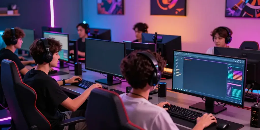 A lively gaming scene showcasing players enjoying singatoto online gaming platform with vibrant LED lights.