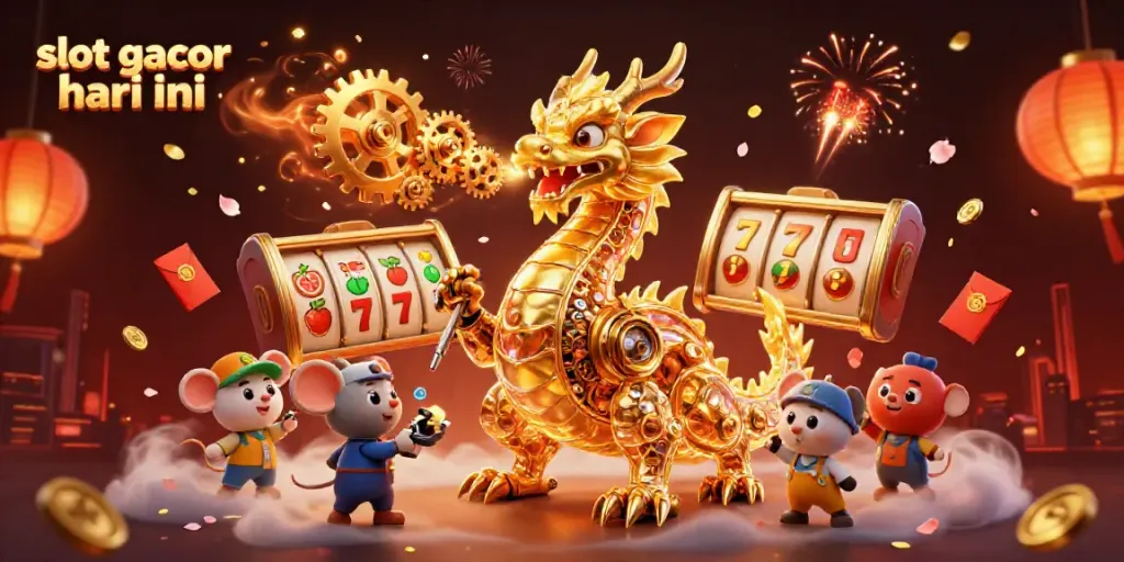 Engage in thrilling gameplay with slot gacor hari ini, featuring vibrant illustrations of slot games and a golden dragon.