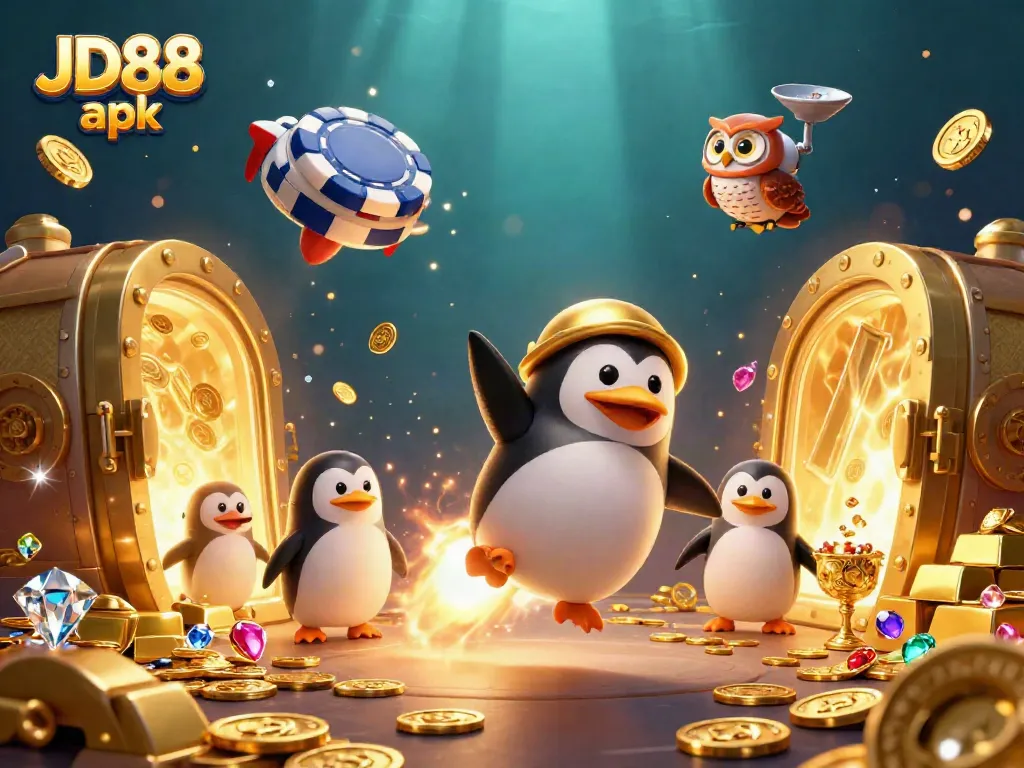 Experience the excitement of JD88 apk, with a golden penguin and casino-themed space adventure.