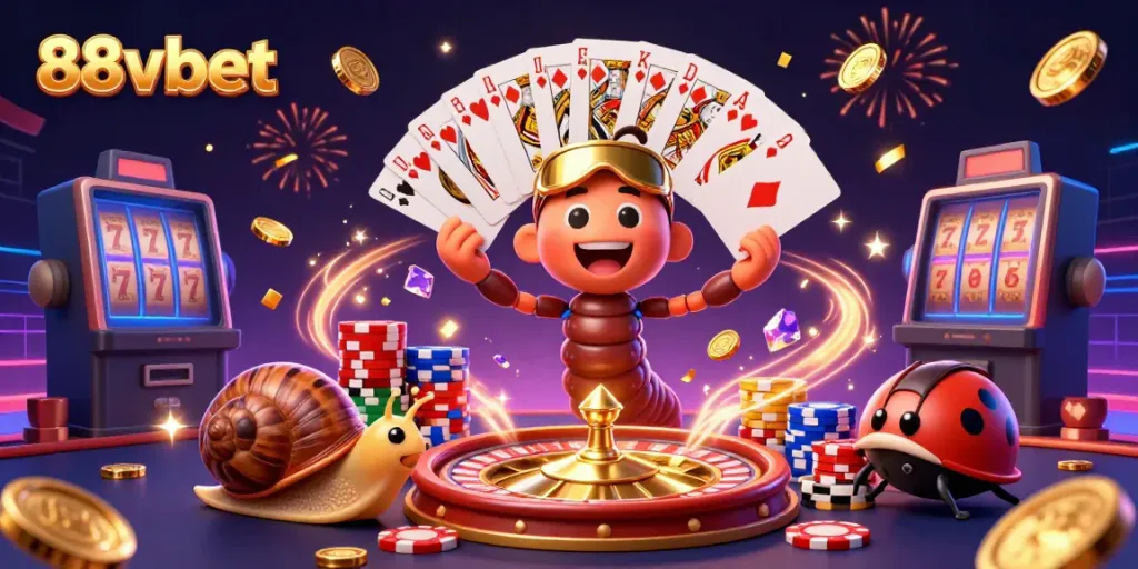 Engage with thrilling games at 88vbet, featuring a dynamic casino scene with vibrant characters and action.