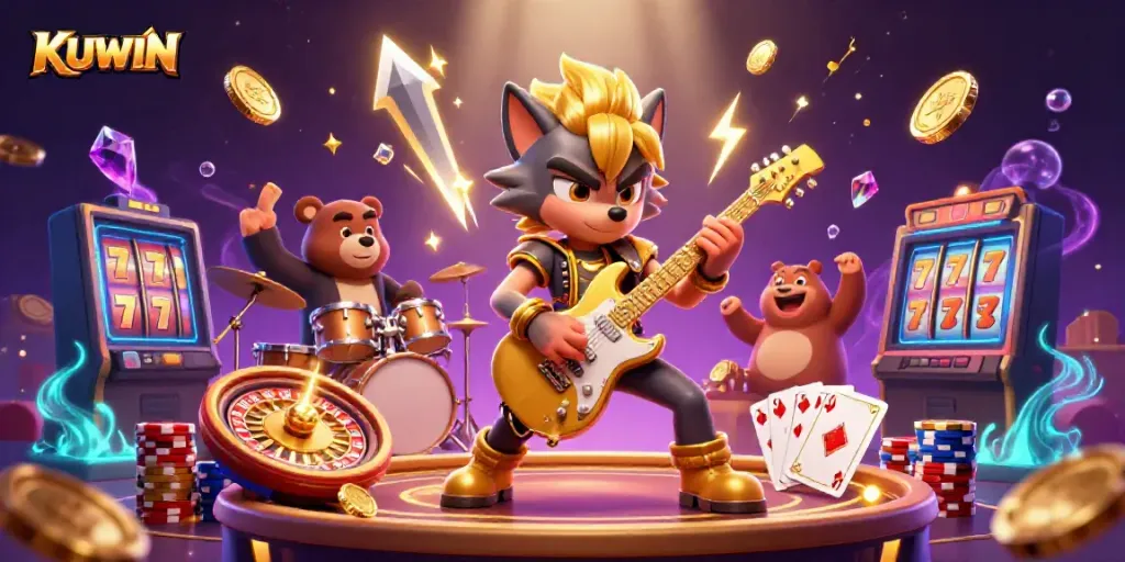 KUWIN casino scene featuring animated characters and lively gambling elements, ideal for entertainment.