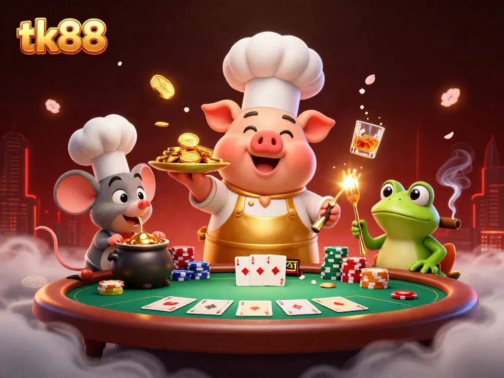 Experience the thrill of tk88 with a vibrant casino scene featuring a chef pig serving gold coins, dynamic game elements, and festive atmosphere.