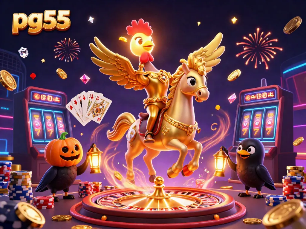 Experience thrilling action at PG55 casino with a dynamic golden rooster and pumpkin-headed companions.