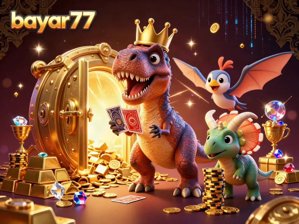Experience smooth gameplay with bayan77 in this vibrant 3D casino scene featuring friendly dinosaurs.