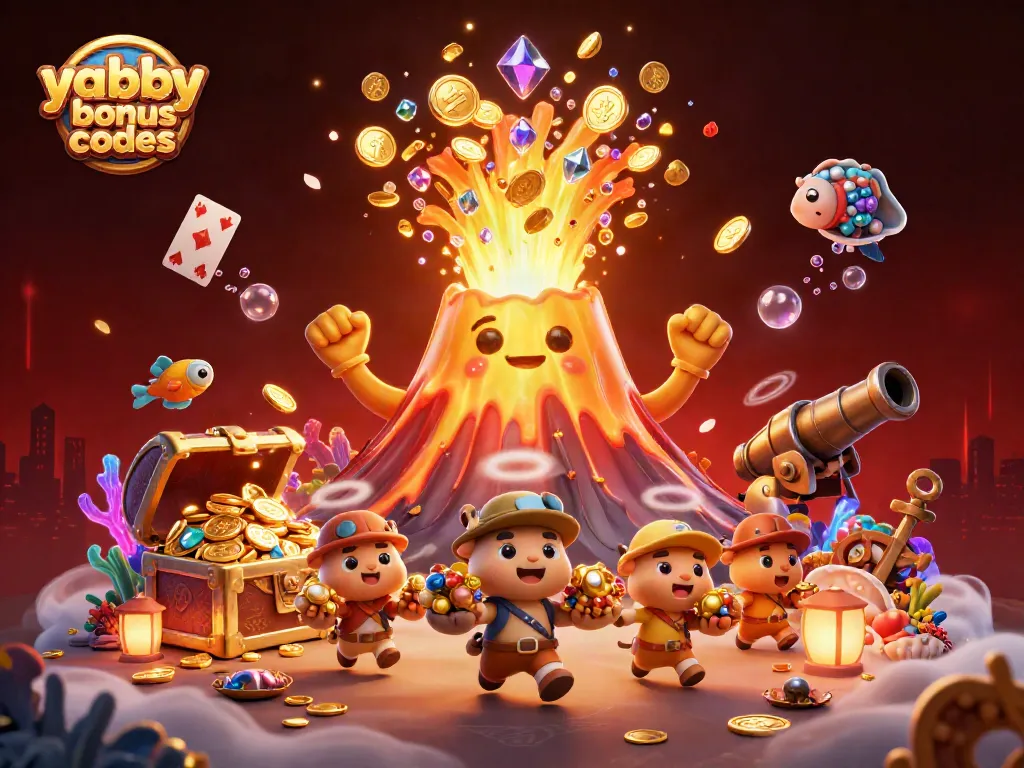 Play with yabby casino bonus codes as a golden volcano erupts treasures in a vibrant casino scene.