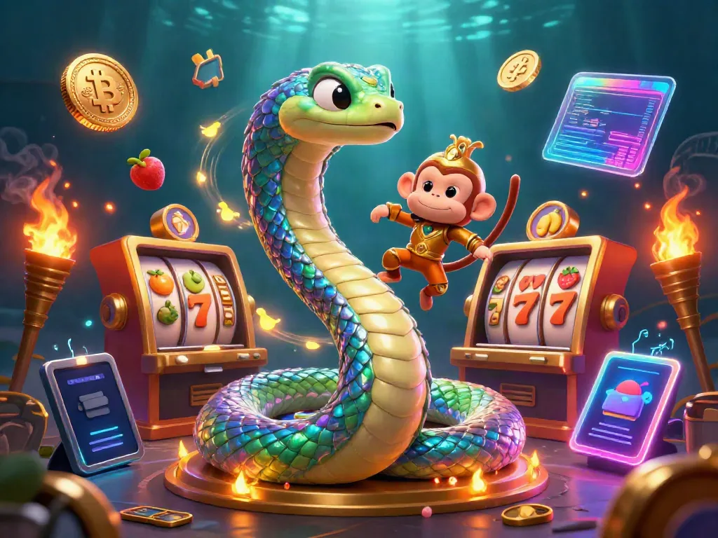 Experience vibrant slot games in a magical casino scene with a serpent and monkey king.