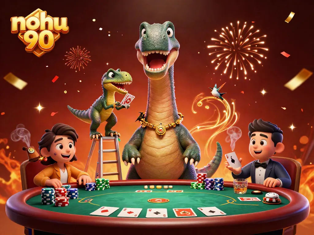 Experience the thrill of nohu 90 with a gigantic brontosaurus at a poker table amidst festive confetti.