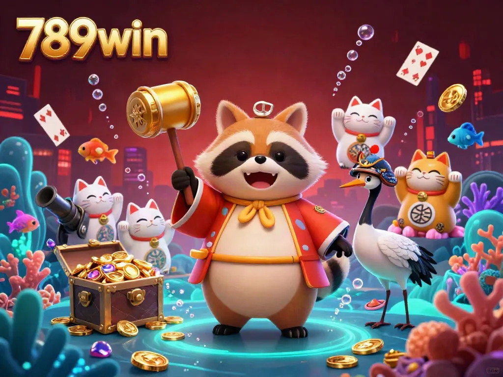 Engage in thrilling casino action at 789win, featuring vibrant fantasy elements intermingling with underwater treasures and gaming symbols.