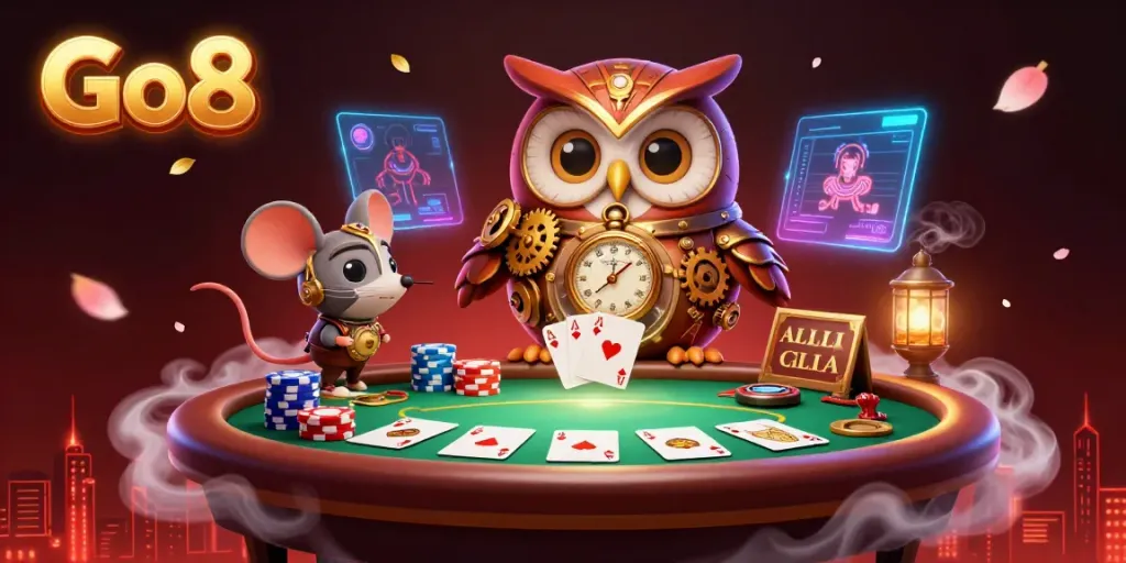 Experience Go8's high-stakes poker action with whimsical time-traveler characters and vibrant casino elements.