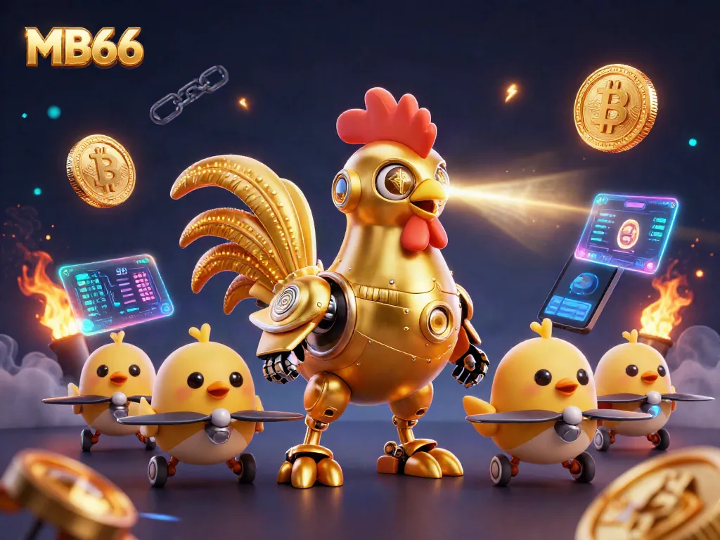 Engage with thrilling MB66 casino action featuring a golden rooster robot and baby chick drones.