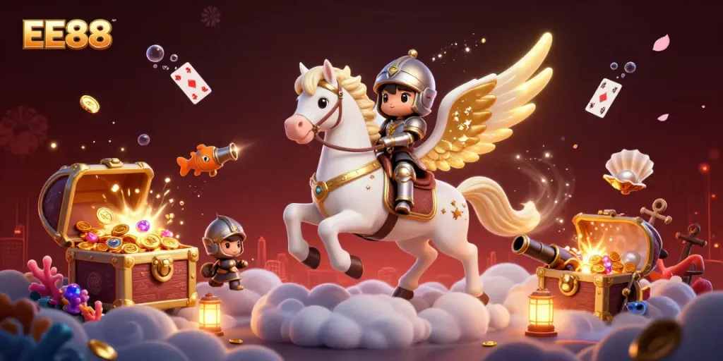 Experience thrilling gaming adventures with EE88 in a vibrant 3D collage of casino action.