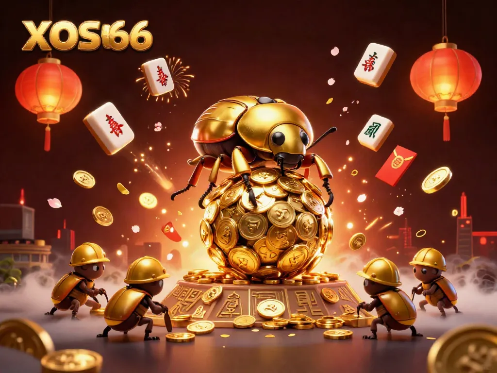 XOSO66 highlights engaging casino action with golden beetles rolling coins and vibrant game elements.