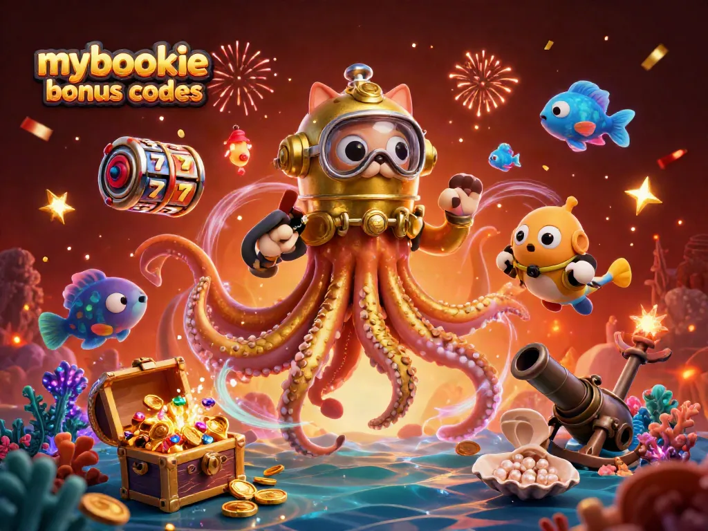 Engage with mybookie bonus codes while exploring treasure-filled depths in a vibrant casino-themed scene.